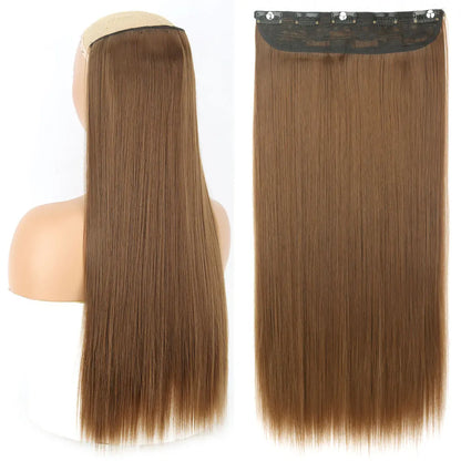 Synthetic Long Straight Hair 5 Clips Extensions Clips in High Temperature Fiber Black Brown Hairpiece
