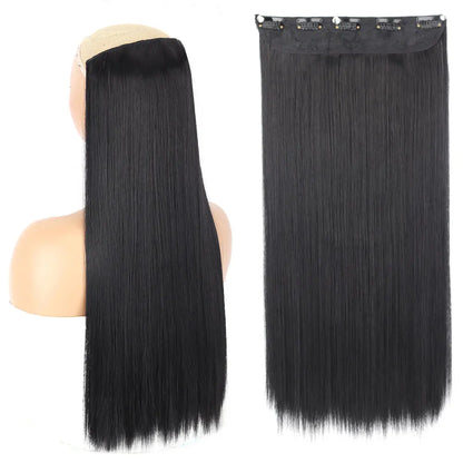 Synthetic Long Straight Hair 5 Clips Extensions Clips in High Temperature Fiber Black Brown Hairpiece