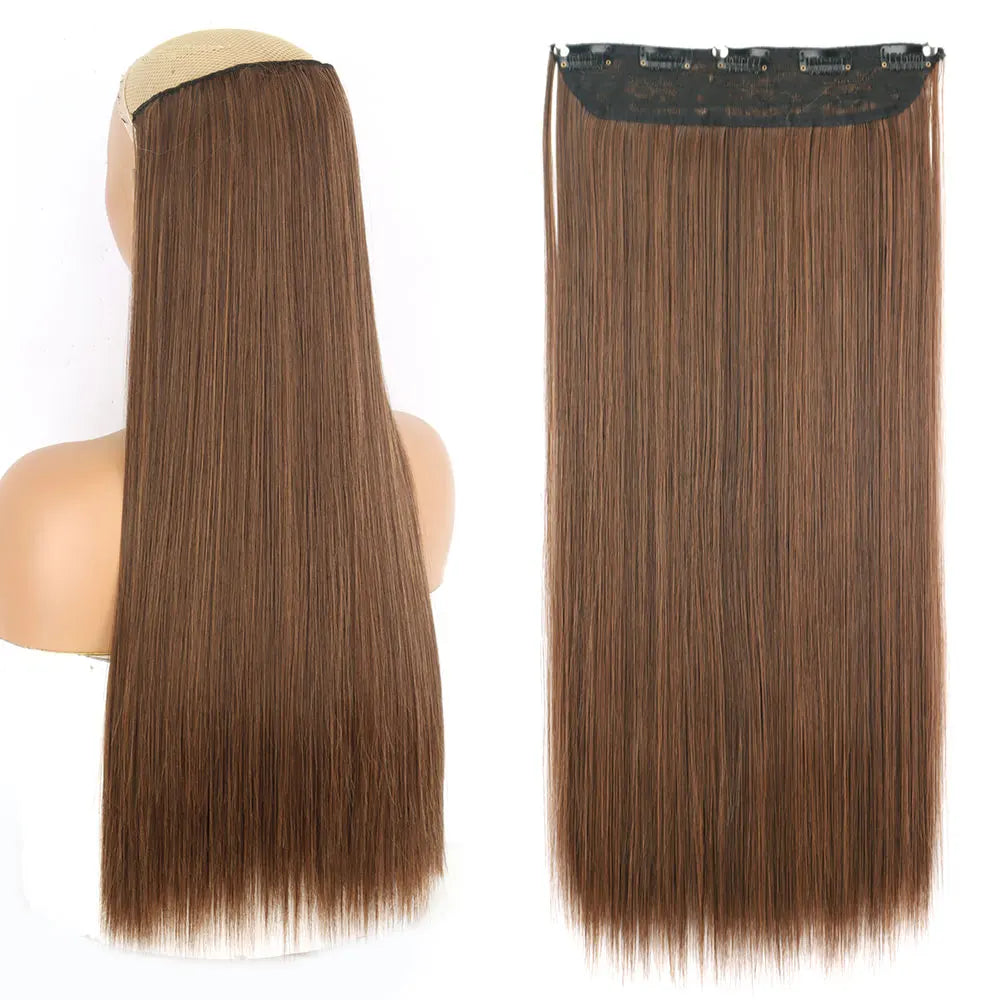 Synthetic Long Straight Hair 5 Clips Extensions Clips in High Temperature Fiber Black Brown Hairpiece