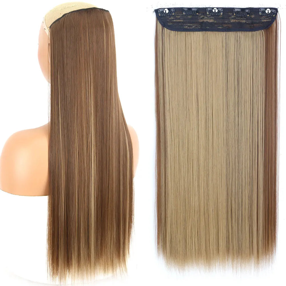 Synthetic Long Straight Hair 5 Clips Extensions Clips in High Temperature Fiber Black Brown Hairpiece