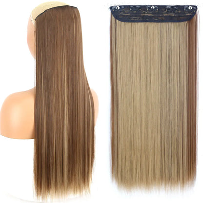 Synthetic Long Straight Hair 5 Clips Extensions Clips in High Temperature Fiber Black Brown Hairpiece
