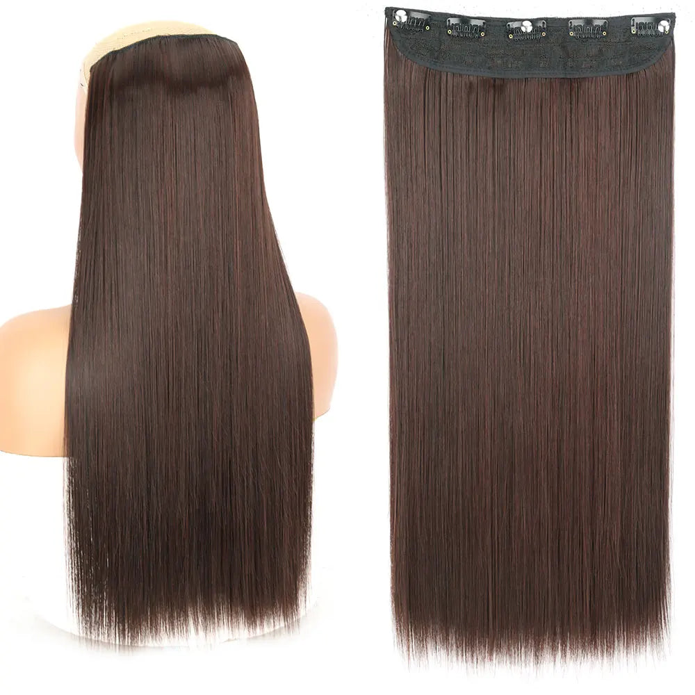 Synthetic Long Straight Hair 5 Clips Extensions Clips in High Temperature Fiber Black Brown Hairpiece