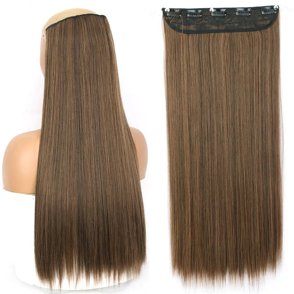 Synthetic Long Straight Hair 5 Clips Extensions Clips in High Temperature Fiber Black Brown Hairpiece