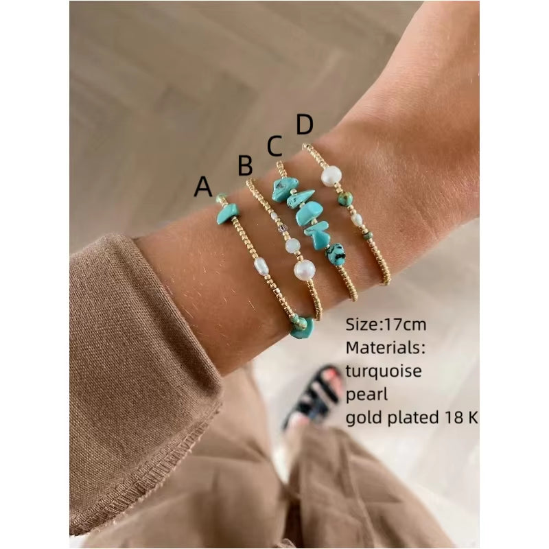 Vlen Natural Turquoises Bracelet for Women Gold Plated 18 K Accessories Bracelets Luxury Pearl Jewelry Pulseras Mujer Girl Gift
