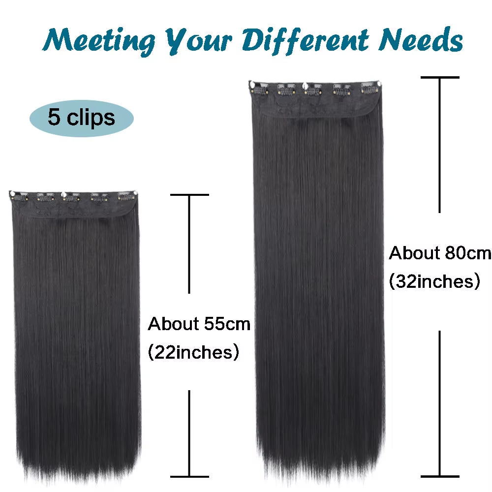 Synthetic Long Straight Hair 5 Clips Extensions Clips in High Temperature Fiber Black Brown Hairpiece