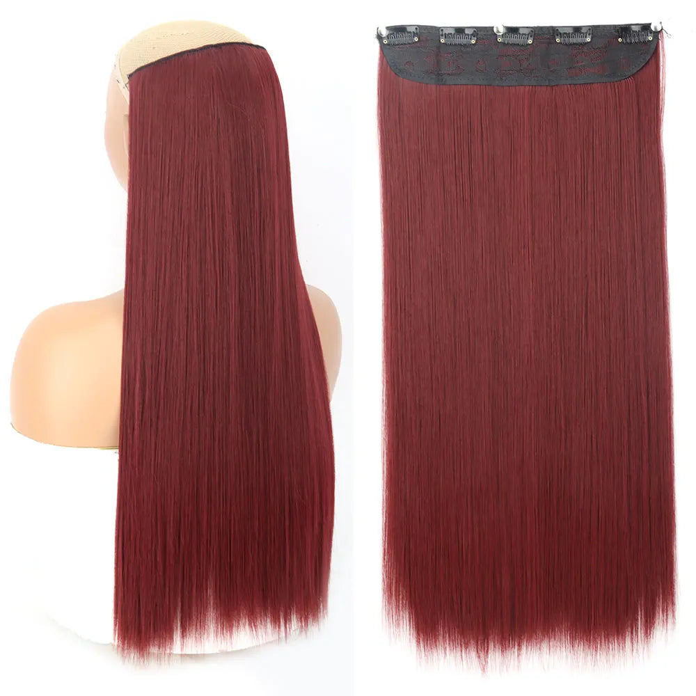 Synthetic Long Straight Hair 5 Clips Extensions Clips in High Temperature Fiber Black Brown Hairpiece