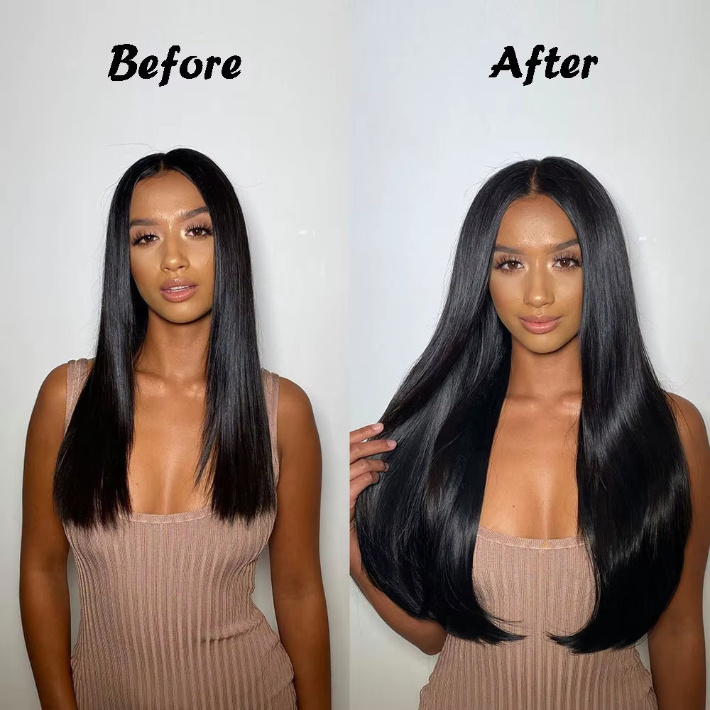 Synthetic Long Straight Hair 5 Clips Extensions Clips in High Temperature Fiber Black Brown Hairpiece