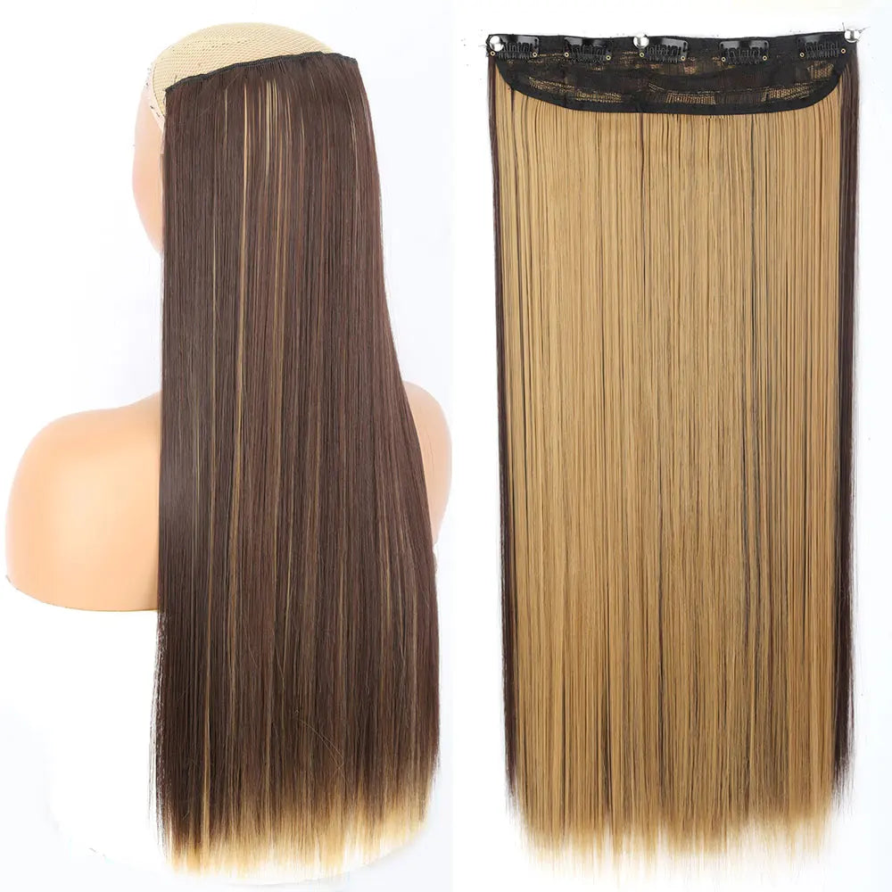 Synthetic Long Straight Hair 5 Clips Extensions Clips in High Temperature Fiber Black Brown Hairpiece
