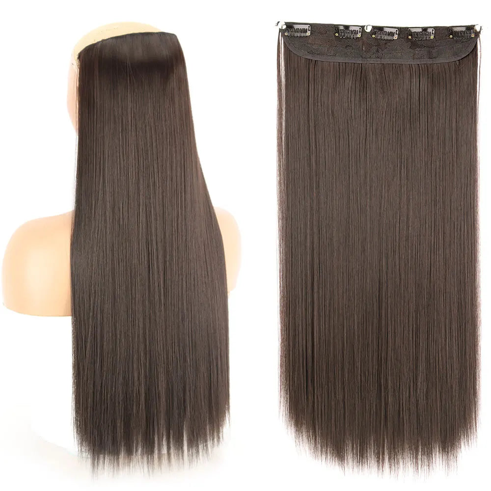 Synthetic Long Straight Hair 5 Clips Extensions Clips in High Temperature Fiber Black Brown Hairpiece