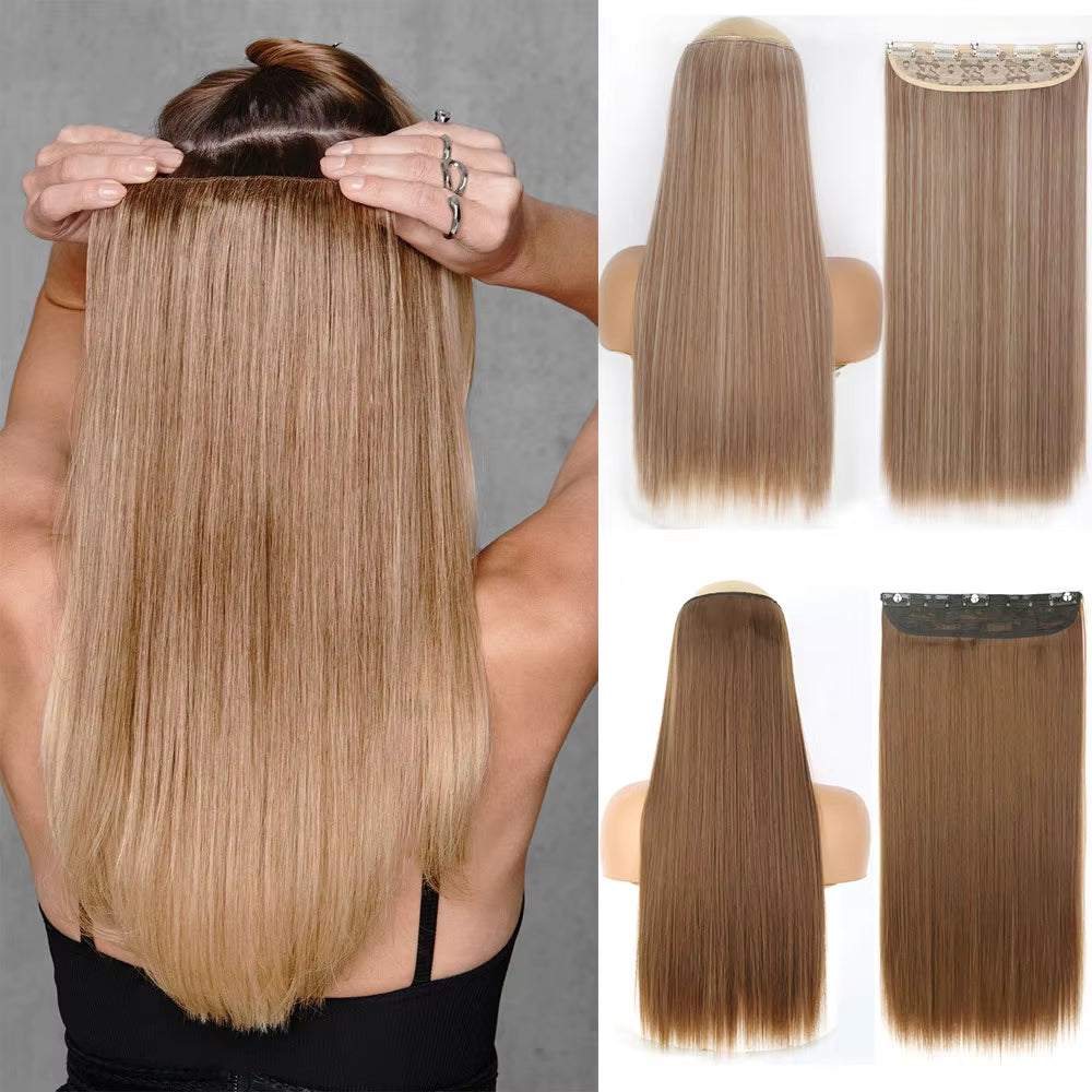 Synthetic Long Straight Hair 5 Clips Extensions Clips in High Temperature Fiber Black Brown Hairpiece