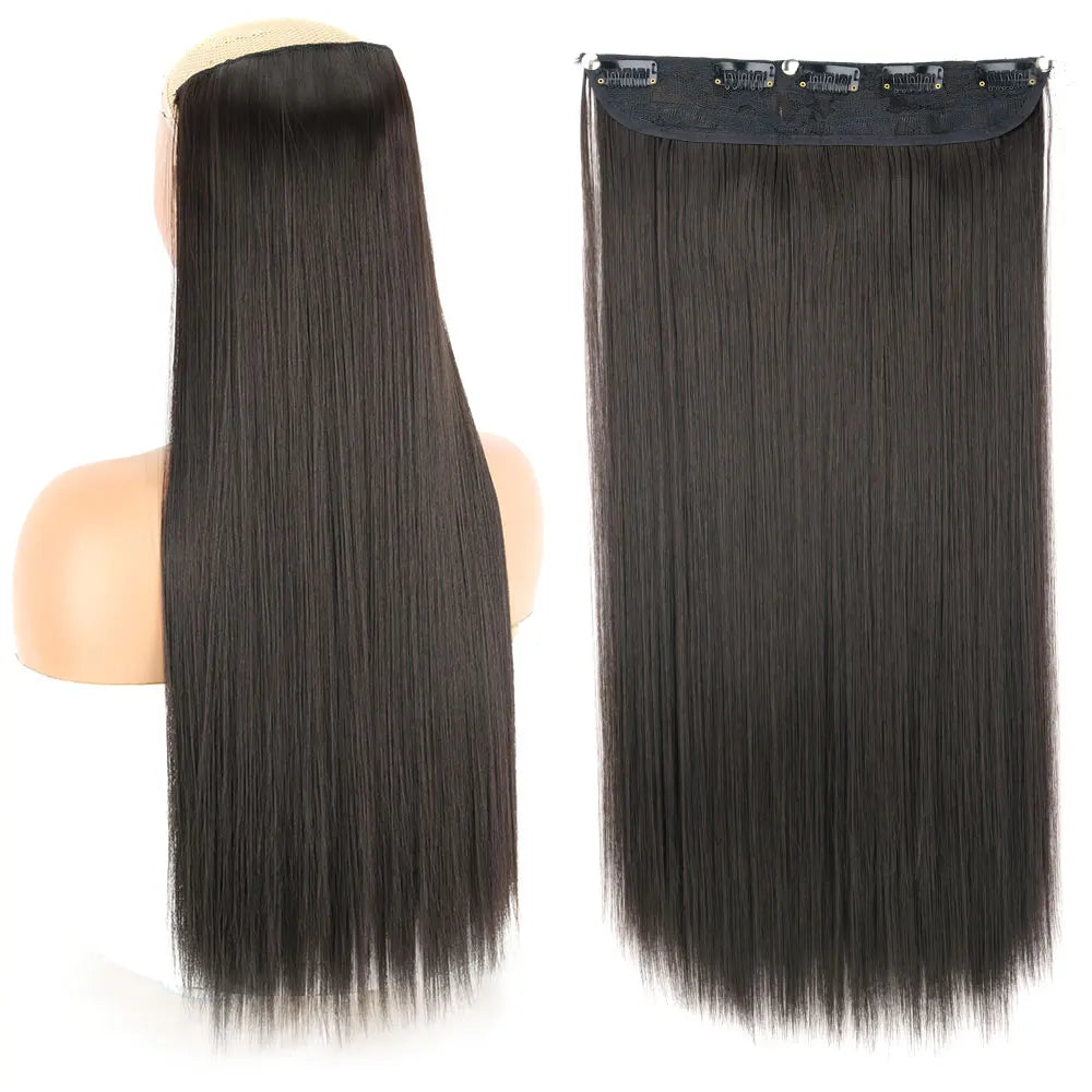 Synthetic Long Straight Hair 5 Clips Extensions Clips in High Temperature Fiber Black Brown Hairpiece