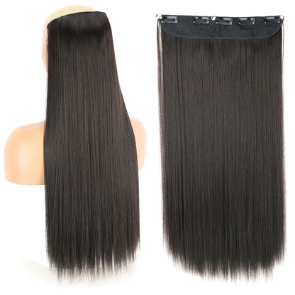 Synthetic Long Straight Hair 5 Clips Extensions Clips in High Temperature Fiber Black Brown Hairpiece