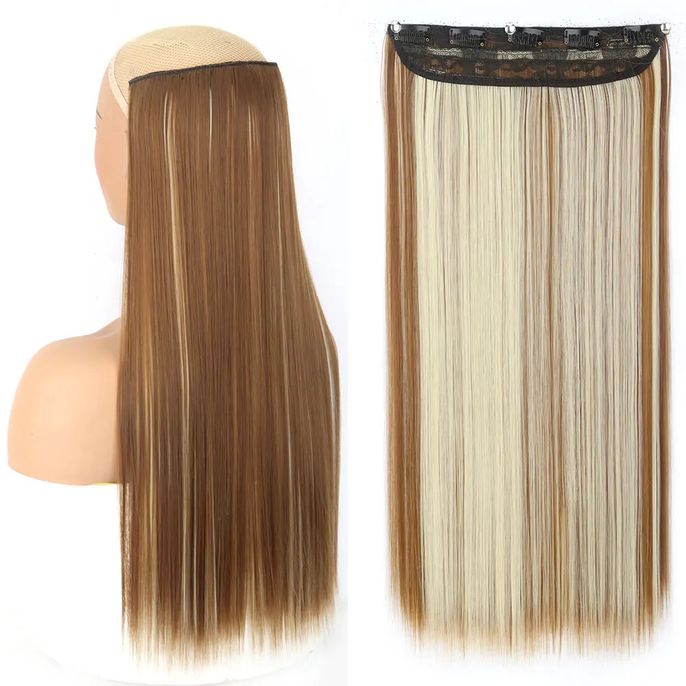 Synthetic Long Straight Hair 5 Clips Extensions Clips in High Temperature Fiber Black Brown Hairpiece
